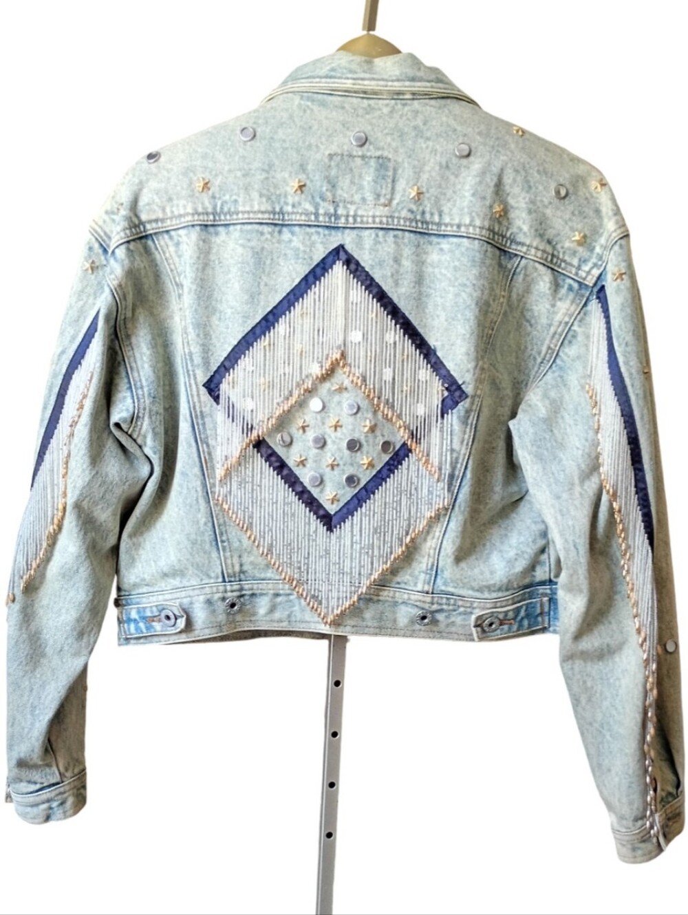 Vintage Dakota Blue Beaded Fringe Denim Jacket 80s Boho Western L